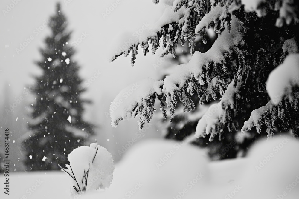 A snowy, misty scene with pine trees decorated for the holiday season.