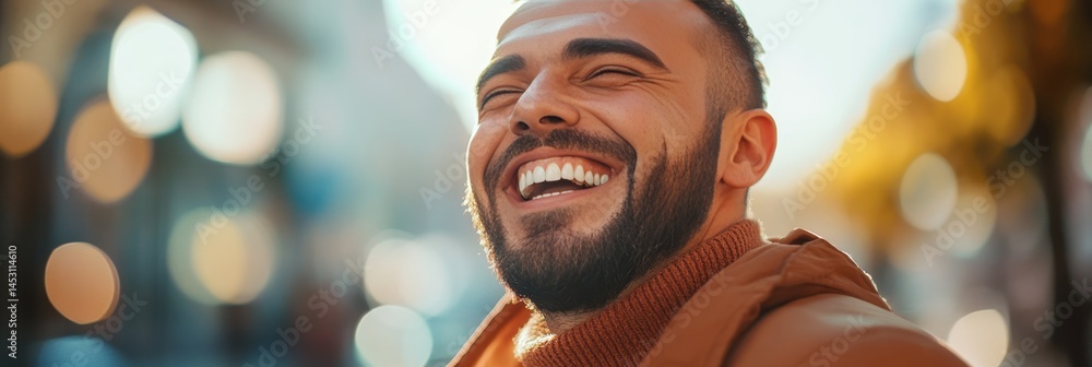 Young man with beard smiling, laughing and looking upwards towards camera in blurred outdoor urban setting