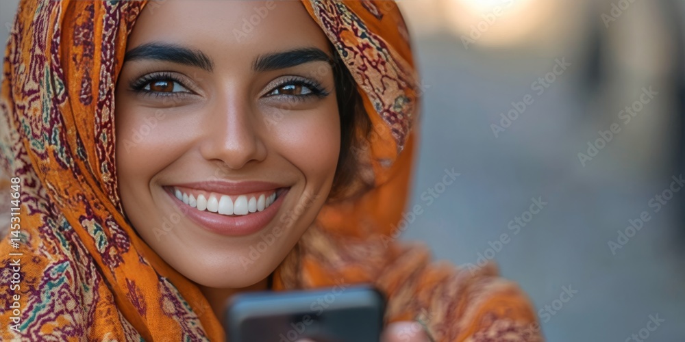 Happy woman taking a selfie with her cellphone. She is wearing a colorful hijab and has well-done makeup.