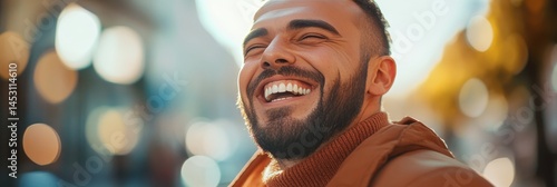 Obraz na płótnie Young man with beard smiling, laughing and looking upwards towards camera in blurred outdoor urban setting w salonie