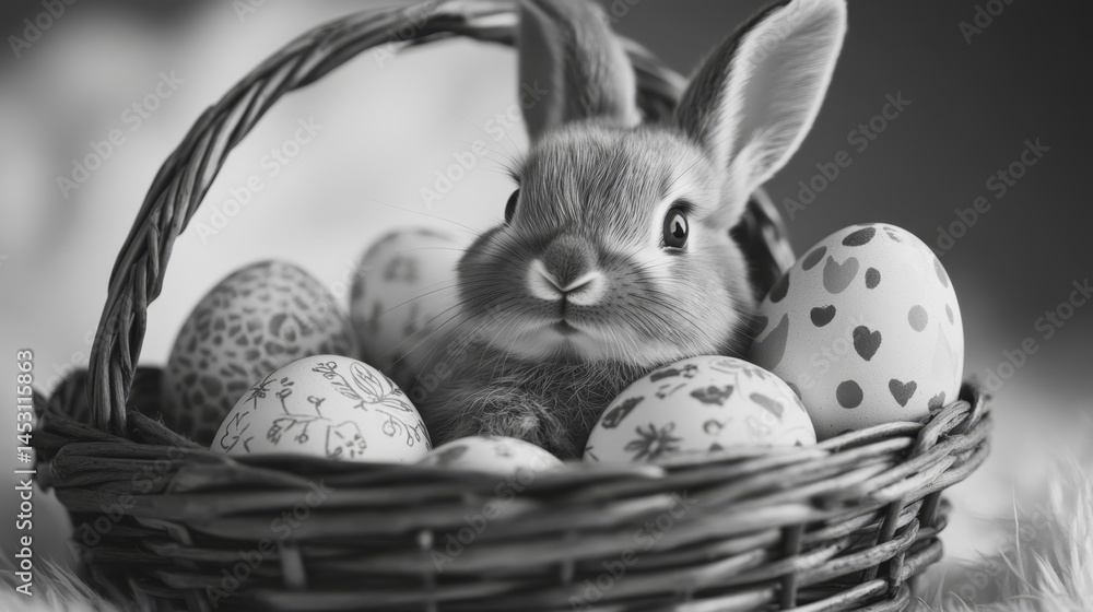 Adorable rabbit sitting in a basket filled with eggs, symbolizing the joy of Easter and the rebirth of spring.