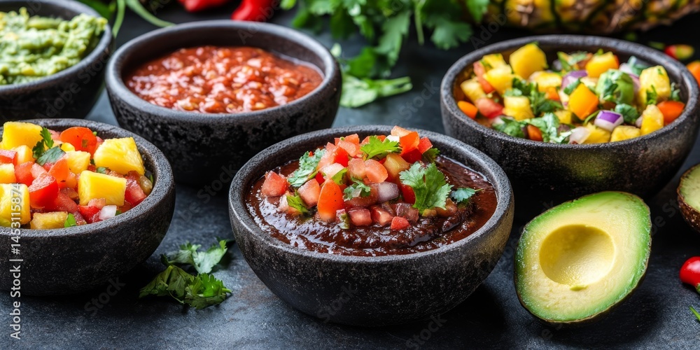 Variety of fresh Mexican snack dips including guacamole, salsa and more. Served with chips for a delicious, healthy appetizer.