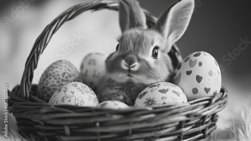 Adorable rabbit sitting in a basket filled with eggs, symbolizing the joy of Easter and the rebirth of spring.