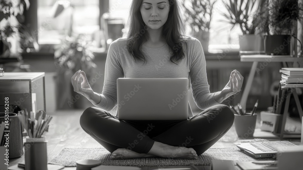 Woman in lotus pose on computer