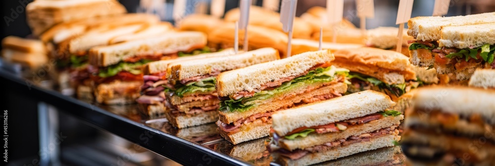Sandwiches lined up on a tray in front of a deli counter, with a variety of fillings and bread options. The display suggests a selection for purchase or catering.