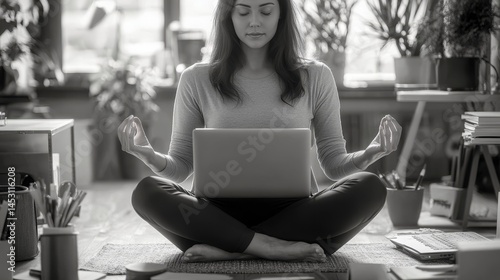Obraz na płótnie Woman in lotus pose on computer w salonie