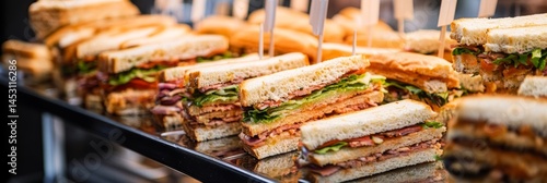 Sandwiches lined up on a tray in front of a deli counter, with a variety of fillings and bread options. The display suggests a selection for purchase or catering.