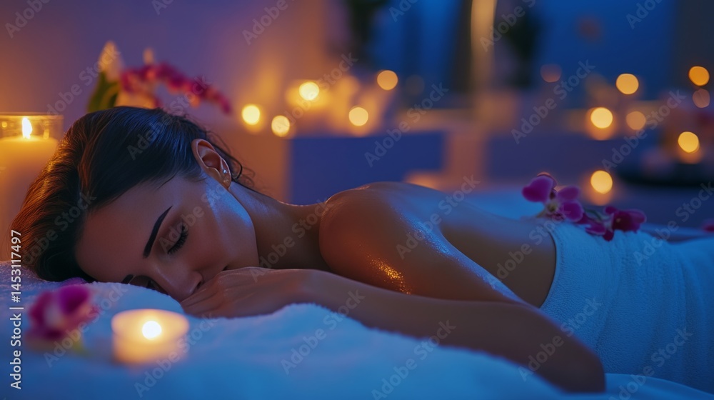 A woman lying down in a spa, enjoying various relaxing treatments and massages. The room is dimly lit with candlelight, creating a calm and serene atmosphere.