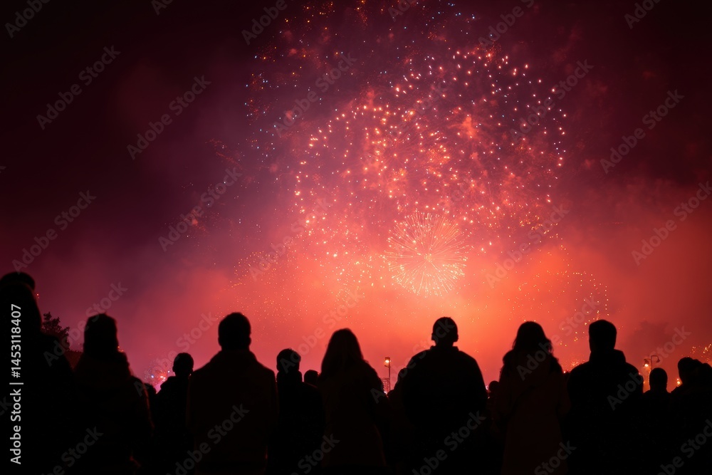 Fototapeta premium Silhouetted crowd watches vibrant fireworks display.