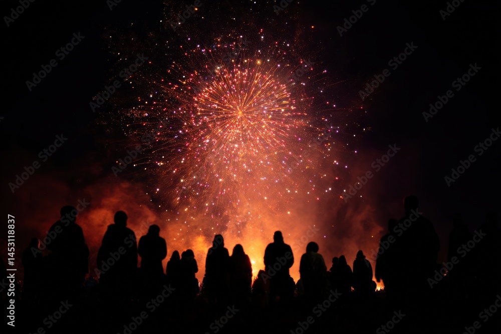 Silhouettes watching a vibrant fireworks display in the night sky. Silhouettes watching a vibrant fireworks display in the night sky.