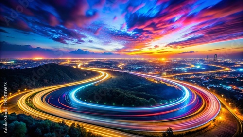 Abstract Light Trails, Night Photography, Colorful Swirls, Dark Background, Aerial View