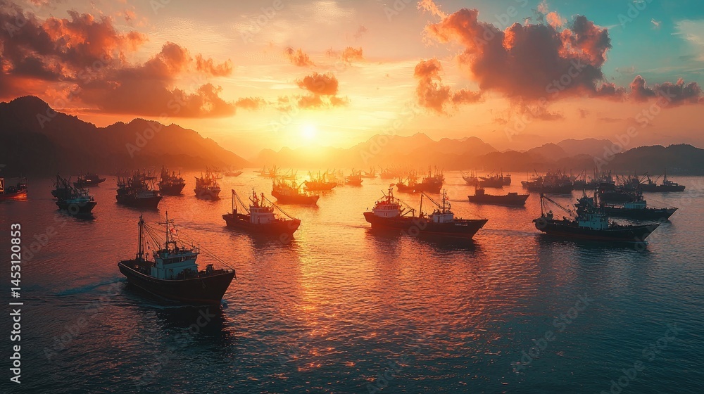 Fototapeta premium A multitude of fishing vessels at sunset over water.