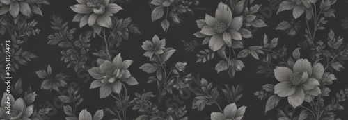 Subtle charcoal floral wallpaper; delicate, repeating small-scale botanical pattern on a dark gray background ,  gray background,  subtle,  dark background