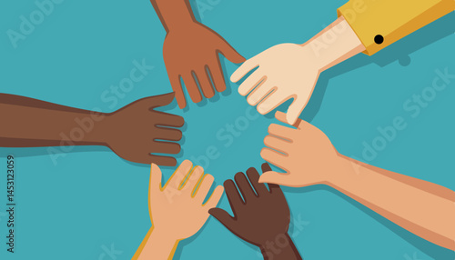 Diverse hands reaching out together on a vibrant background  