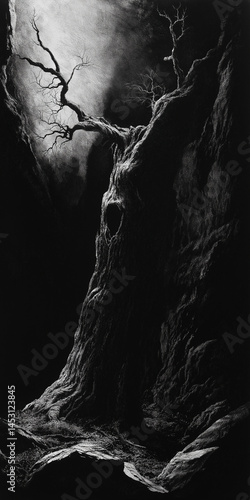 haunted tree, eerie landscape, twisted branches, dark fantasy art, misty forest, supernatural scenery, spooky atmosphere, nightmarish tree, horror aesthetic, ominous clouds, dead forest, fantasy
