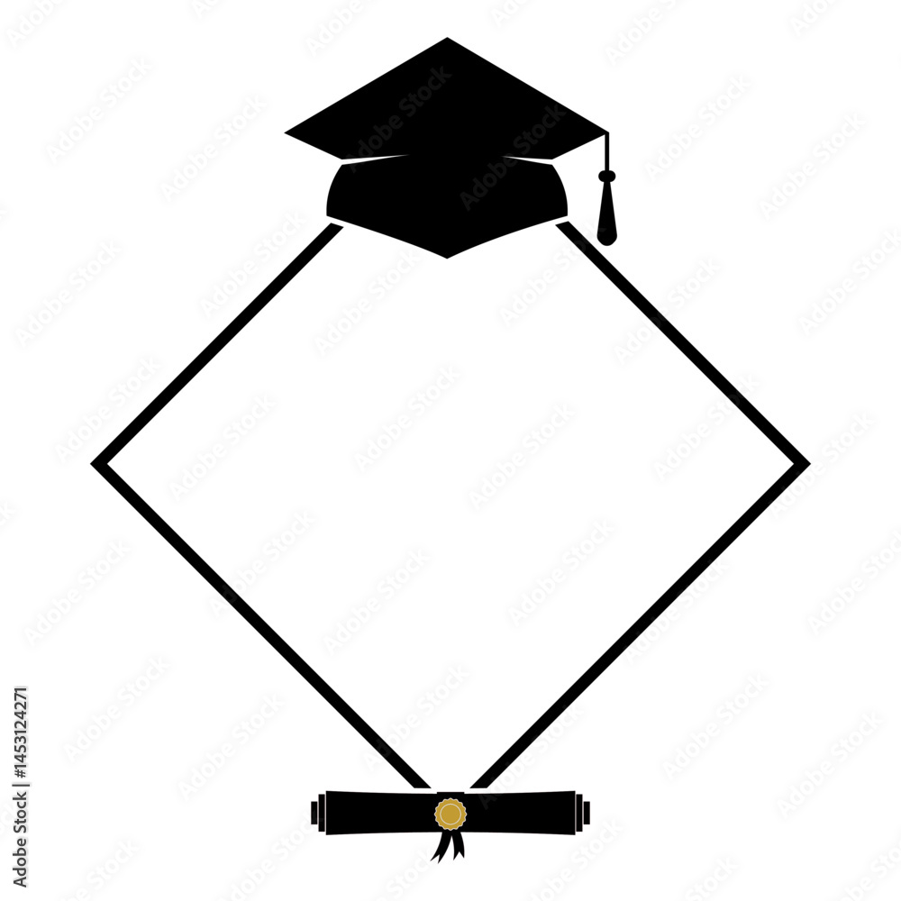 Graduation border template isolated on white. Rhombus frame with graduation hat and diploma. Vector template. Perfect for banner, card, poster, flyer, invitation, etc.