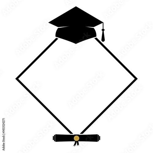 Obraz na płótnie Graduation border template isolated on white. Rhombus frame with graduation hat and diploma. Vector template. Perfect for banner, card, poster, flyer, invitation, etc. w salonie