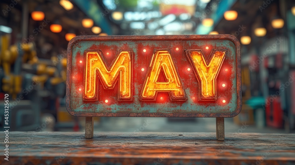 Rusty, vintage-style sign with the month of May, lit by warm orange lights. Blurred urban background
