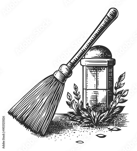 Vintage Broom and Clean Dustpan with Decorative Plants Illustration
