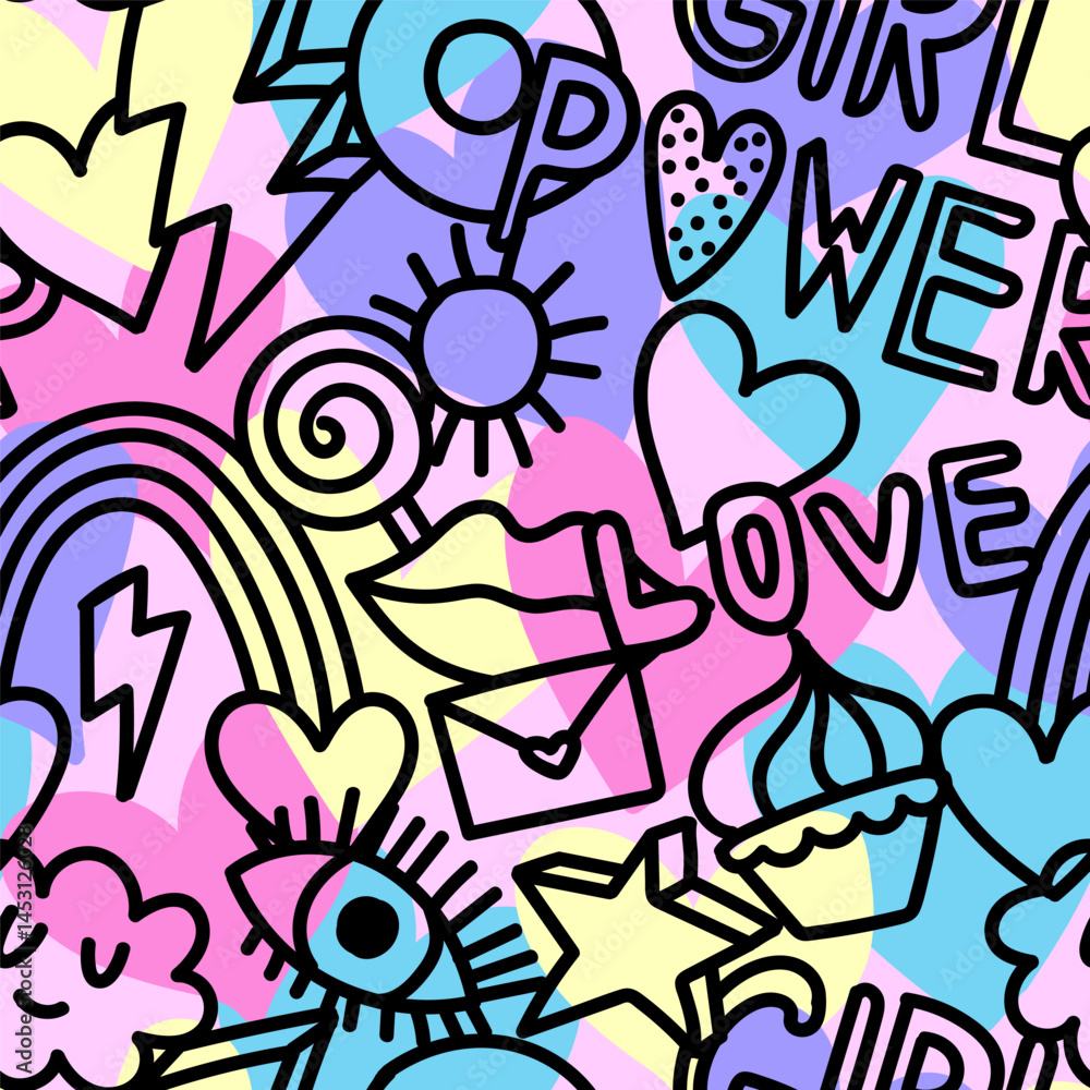 Seamless pattern with hand draw words, hearts and signs. Bright Abstract print on rainbow background for fabric, wrapping, textile, wallpaper, apparel. Vector illustration for teen girl. Seamless pattern with hand draw words, hearts and signs. Bright Abstract print on rainbow background for fabric, wrapping, textile, wallpaper, apparel. Vector illustration for teen girl.