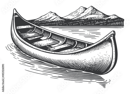 Hand-Drawn Vintage Canoe Illustration with Scenic Mountain Background