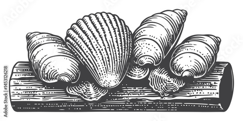 Vintage Shell and Coral Illustration on Wooden Log