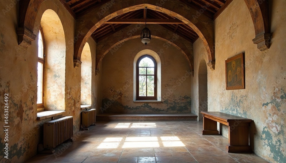 Fototapeta premium Rustic Eastern European church interior, weathered walls, icons, eastern europe, wood