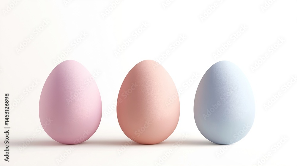 Three pastel-colored eggs arranged in a row against a plain white background Three pastel-colored eggs arranged in a row against a plain white background