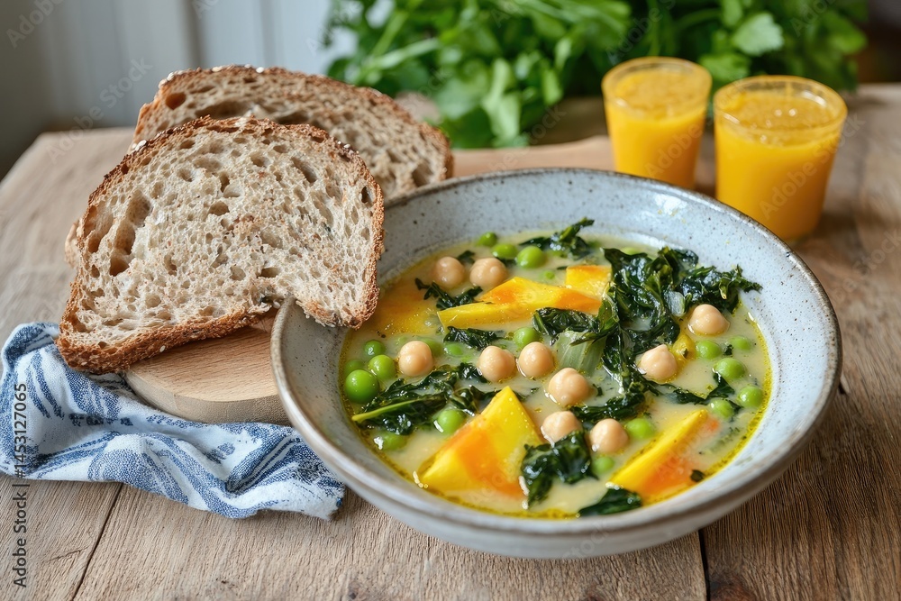 Hearty vegetable soup with whole-grain bread and juice Hearty vegetable soup with whole-grain bread and juice