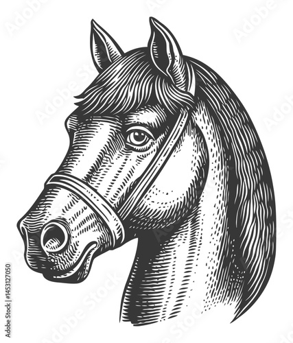Detailed Vector Illustration of a Horse Head in Black and White Style