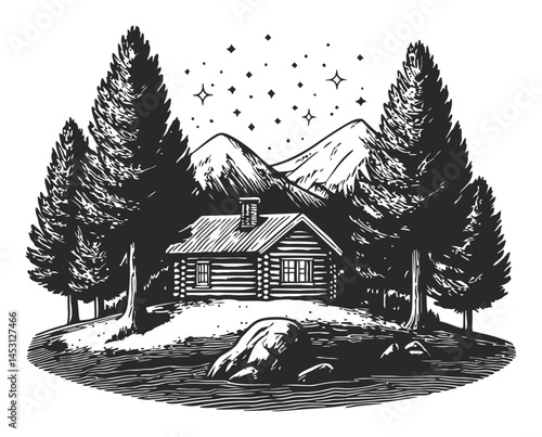 Vintage Lodge Cabin Surrounded by Forest and Mountains in Black and White