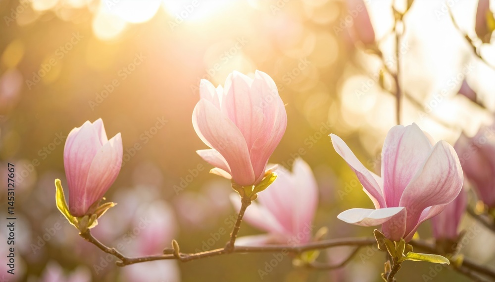 Obraz premium Sunlit pink magnolia blossoms in warm glowing light