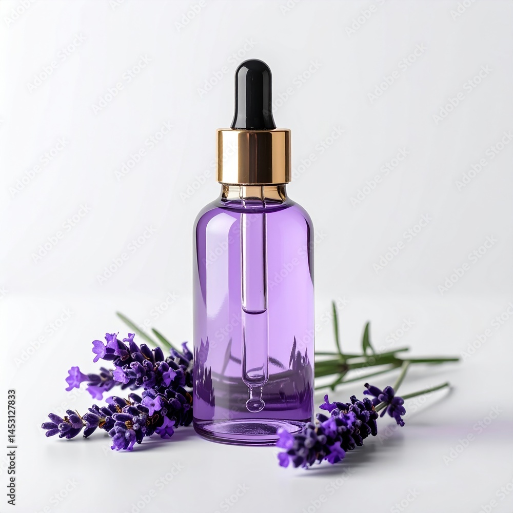 Lavender essential oil bottle with dropper and fresh lavender flowers on white background Lavender essential oil bottle with dropper and fresh lavender flowers on white background
