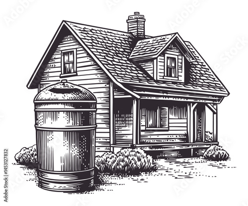 Rustic House with Water Tank in Vintage Vector Illustration Design