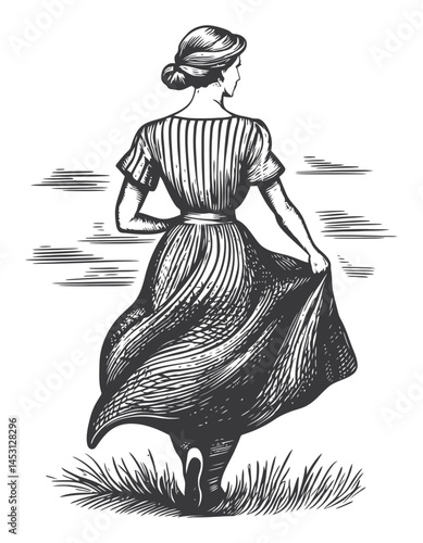 Elegant Woman Walking in Dress with Flowing Skirt in Nature Scene