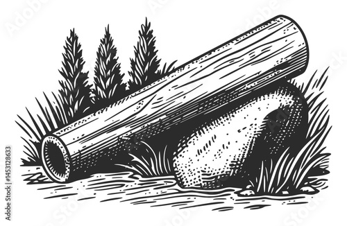 Detailed Vintage Illustration of Log on Rock with Vegetation Background