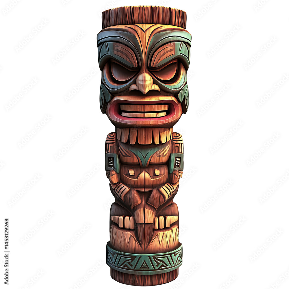 A wooden tiki statue with a carved face, painted in traditional Polynesian style A wooden tiki statue with a carved face, painted in traditional Polynesian style