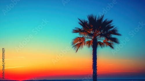 Silhouetted palm tree at vibrant sunset over water
