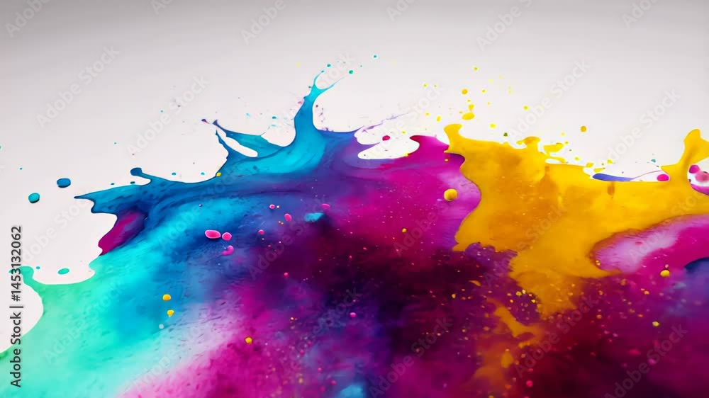 Abstract splash of swirling paint in turquoise, magenta, and yellow on clean white background with scattered droplets and soft light. Concept of artistic energy and vibrant color expression Abstract splash of swirling paint in turquoise, magenta, and yellow on clean white background with scattered droplets and soft light. Concept of artistic energy and vibrant color expression