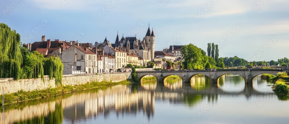 Fototapeta premium Scenic riverside town with historic charm