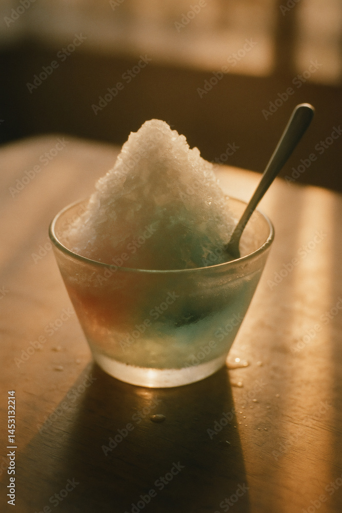 Shaved ice dessert with pastel syrup in nostalgic summer sunset light