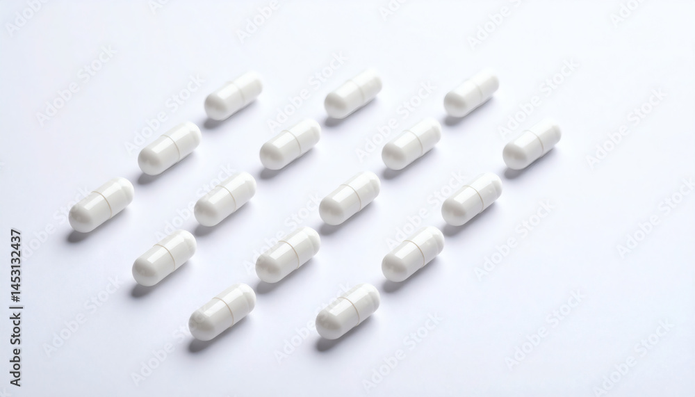 White capsules aligned in perspective pattern on light background with soft focu