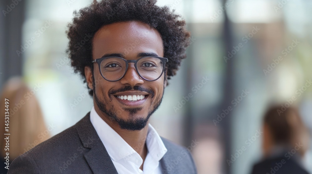 An afro businessman teaching a group while smiling, wearing a suit and glasses in a professional setting An afro businessman teaching a group while smiling, wearing a suit and glasses in a professional setting