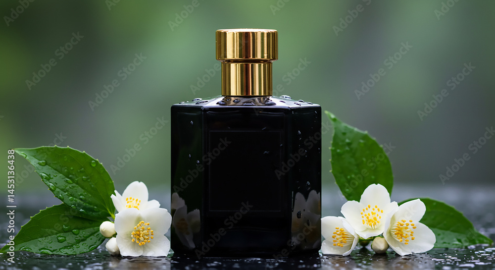 Black perfume bottle with gold cap surrounded by jasmine flowers and leaves on a wet surface Black perfume bottle with gold cap surrounded by jasmine flowers and leaves on a wet surface