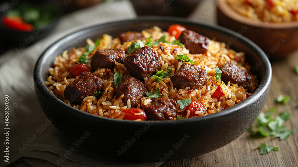 Aromatic biryani dish served hot, showcasing tender meat infused with vibrant curry spices, symbolizing cultural fusion, tradition, and the warmth of shared culinary experiences.
Aromatic biryani dish served hot, showcasing tender meat infused with vibrant curry spices, symbolizing cultural fusion, tradition, and the warmth of shared culinary experiences.