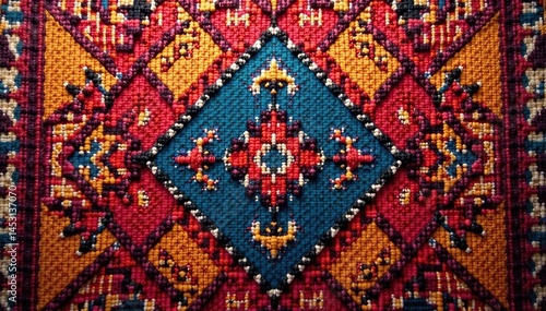 Intricate woven textile with repeating geometric motif , illustration, weave, texture pattern