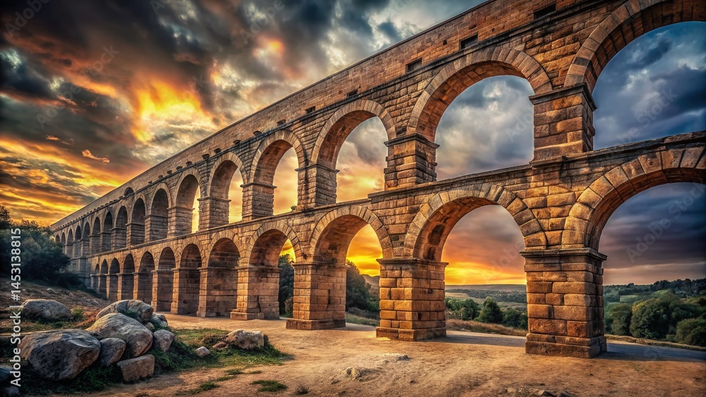 Fototapeta premium Ancient Roman Aqueduct Ruins Isolated on White Background - Stock Photo