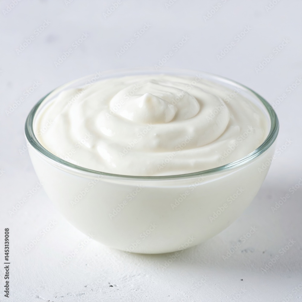 Creamy yogurt in glass bowl on white background Creamy yogurt in glass bowl on white background