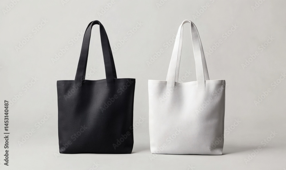 Two plain tote bags, one black and one white, are displayed side by side on a neutral gray background,
Two plain tote bags, one black and one white, are displayed side by side on a neutral gray background,