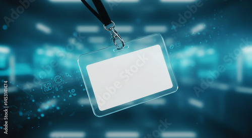 Close up of a blank id badge hanging against a futuristic blue and white glowing background scene